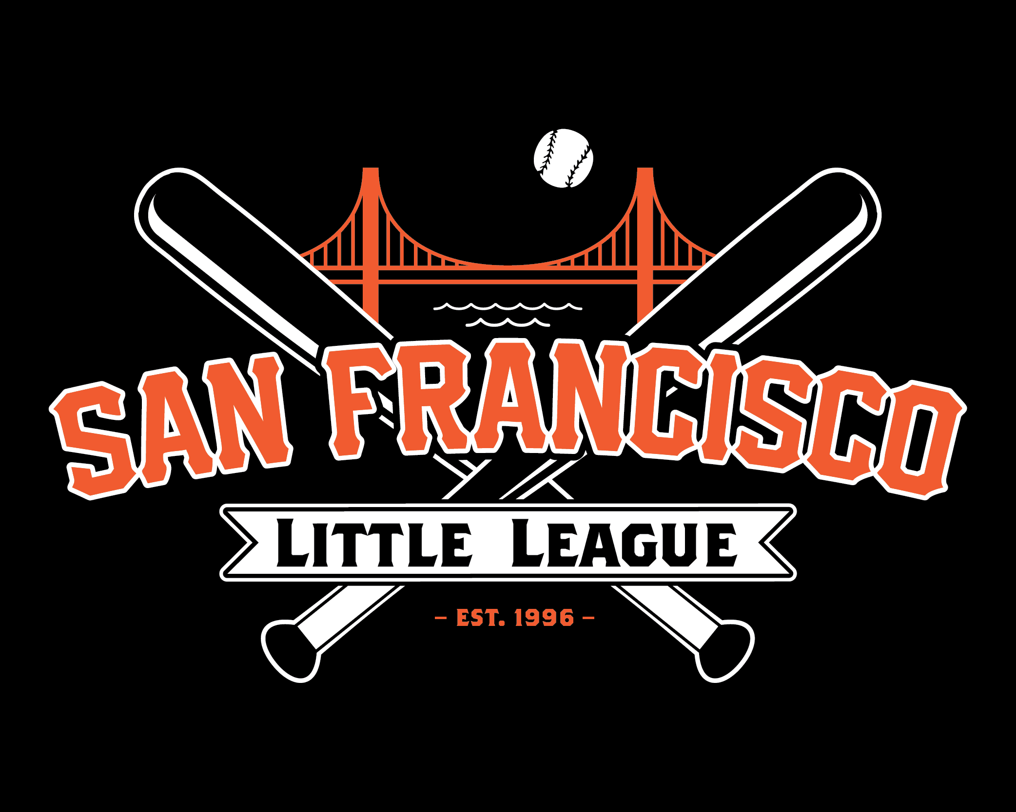 the official San Francisco Little League baseball combination mark logo in orange on black background