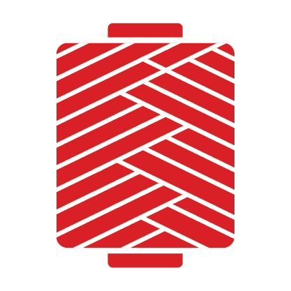 large red and white icon of interwoven threads on a spool for sewing embroidery