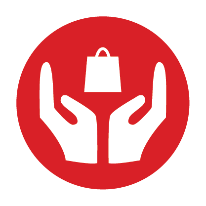 large circular red icon with hands holding up a shopping bag