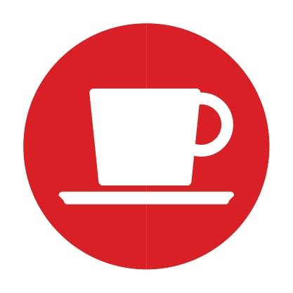 large circular red icon with a white coffee mug and saucer