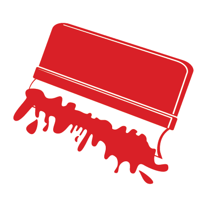 large red and white icon of a screen printing squeegee printing with red ink