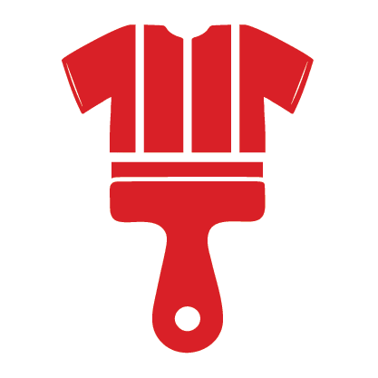 large red and white icon of a paint brush handle and a striped shirt in place of bristles